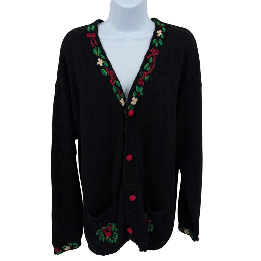 Bechamel Women's L Cardigan Sweater Black Embroidered Heart Wreath‎ Floral Knit